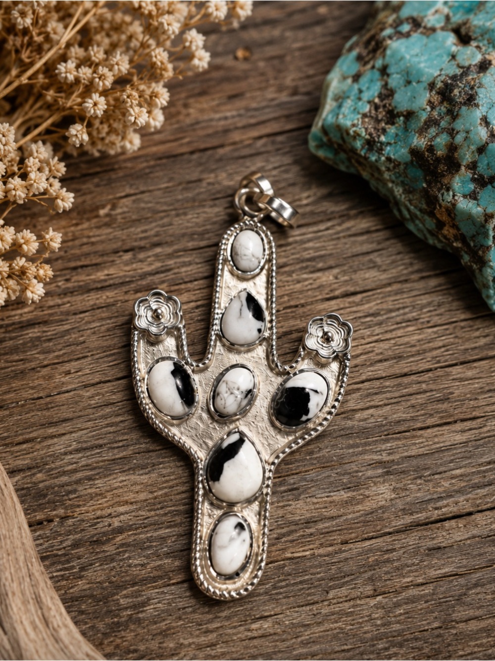 Sterling Silver and Genuine White Buffalo Cactus Pendant